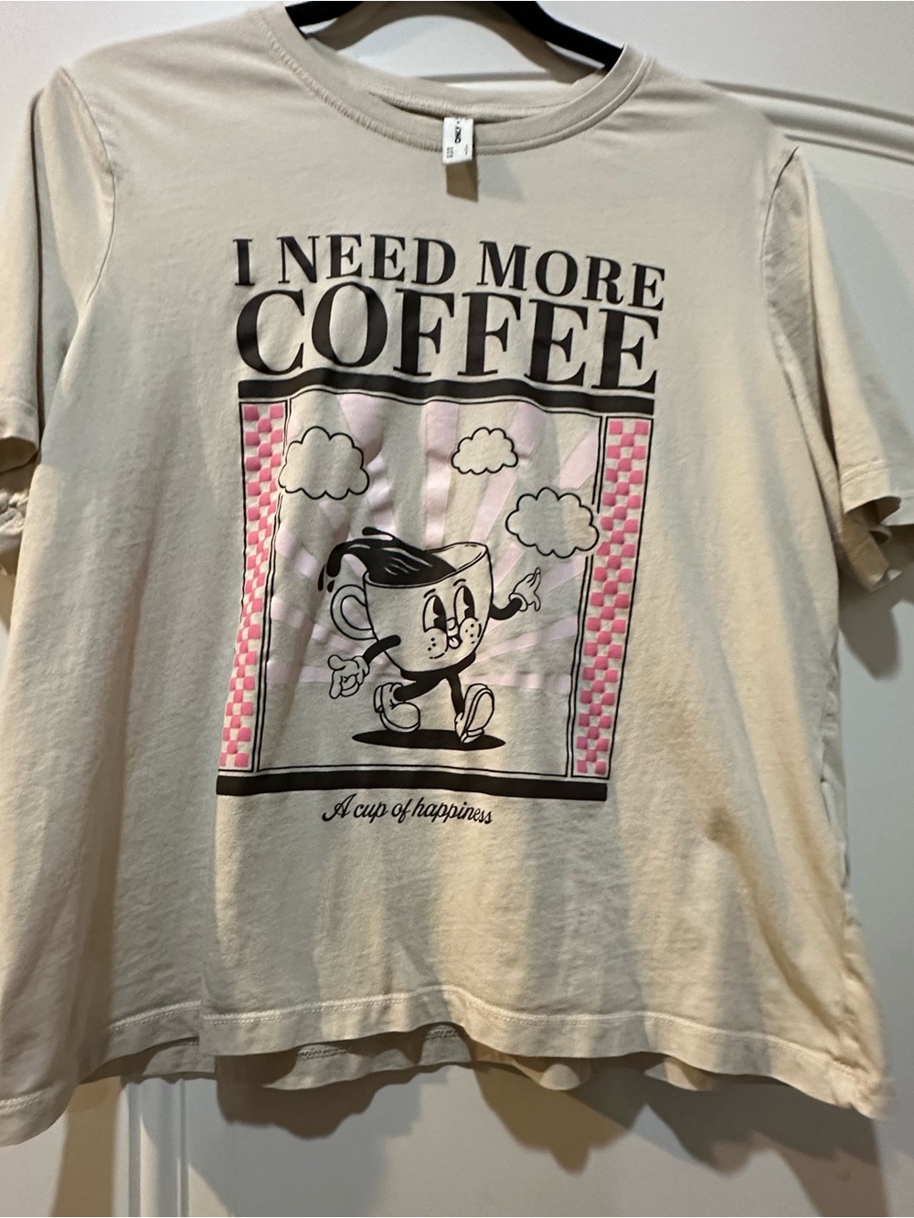 Only Beige Graphic Tee with Pink Accents - "I Need More Coffee"